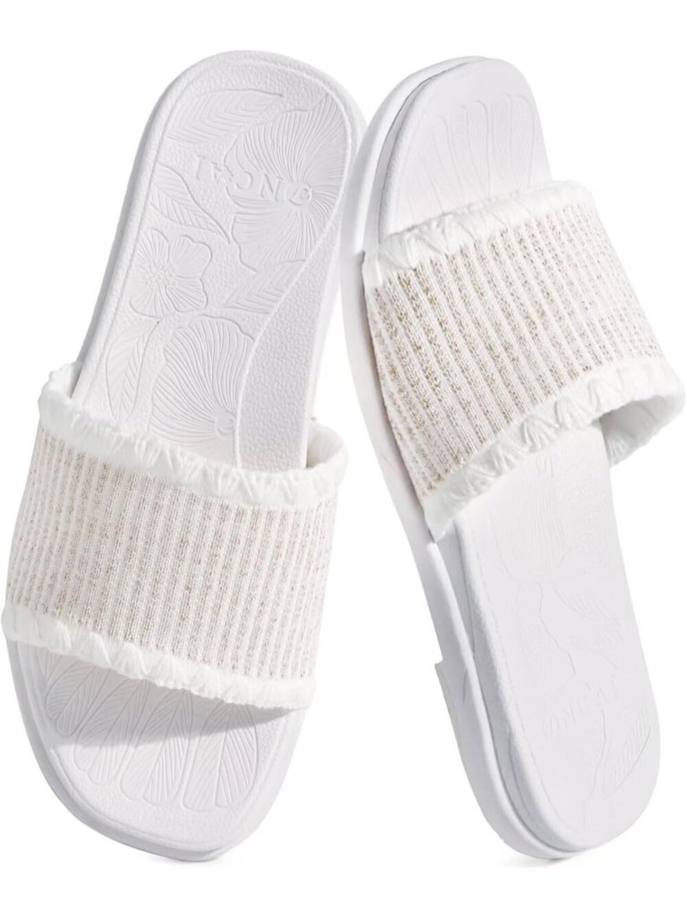 Women’s All White Summer Soft Knitted with Golden Thread Inlay Flat Sandals